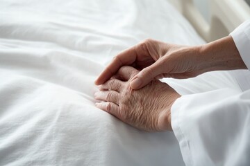 comforting scene depicting healthcare professional gently holding elderly patient hand beside comfortable hospital