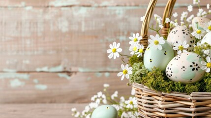Obraz premium Pastel Eggs Basket With White Daisies On Wooden Table