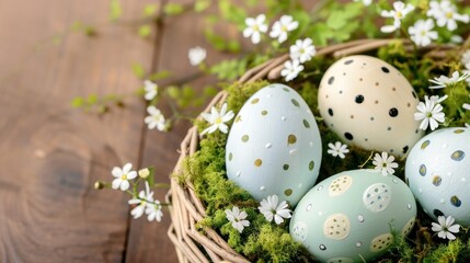 Fototapeta premium Polka Dot Pastel Eggs In A Bed Of Green Foliage