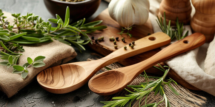 Bamboo Spoon Stirring Soup in Rustic Kitchen with hurbs background