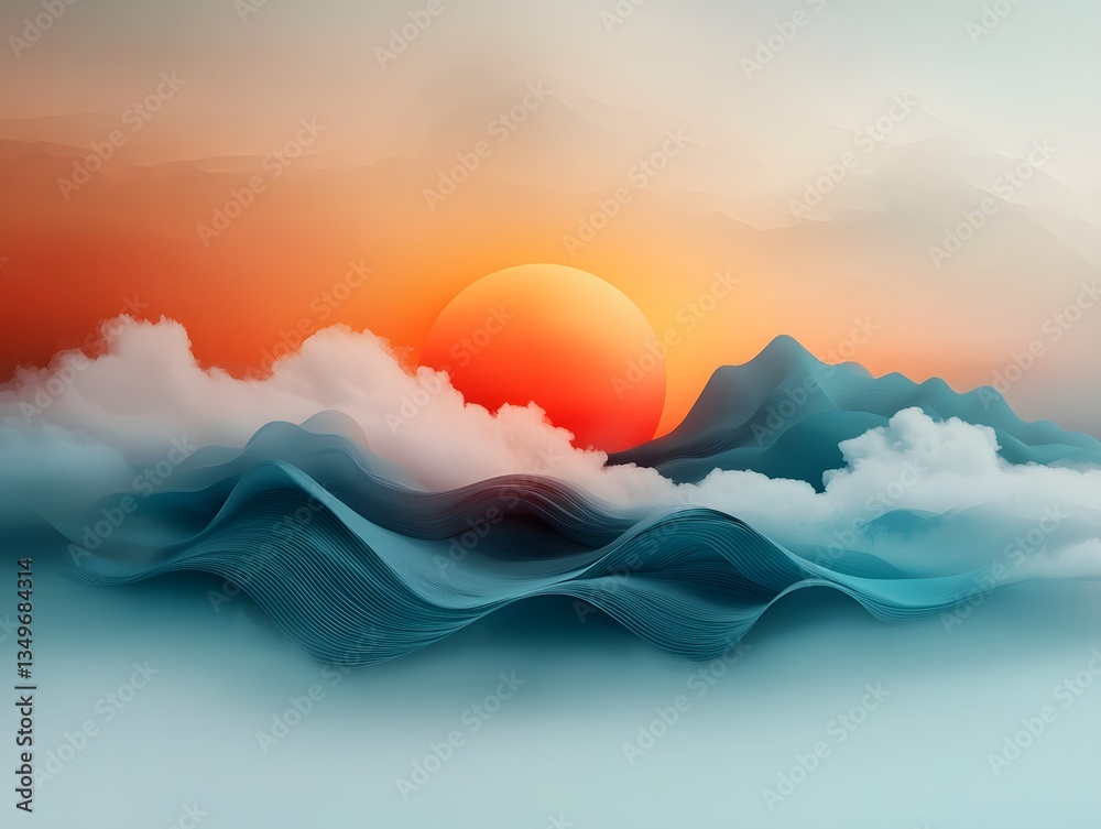 Poster algorithmic weather data landscape with flowing rainfall visualization and dynamic topographic terra