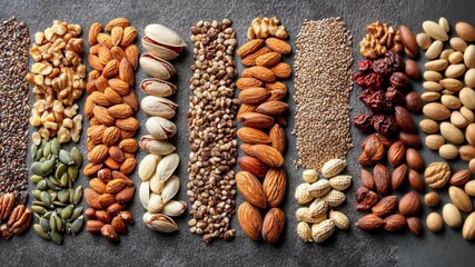 Vertical layout of assorted nuts and seeds in natural color stripes over dark background.

