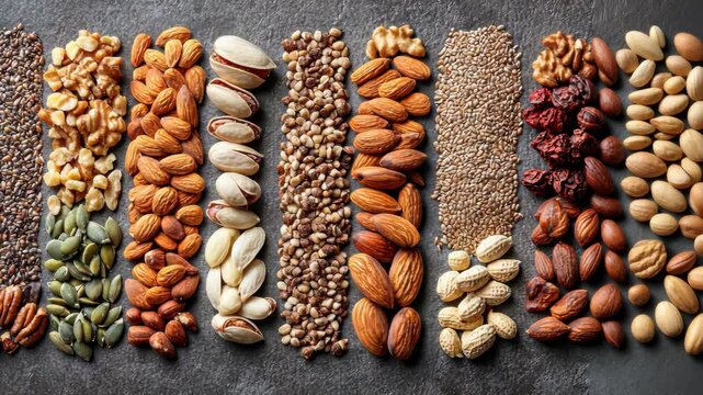 Vertical layout of assorted nuts and seeds in natural color stripes over dark background.
