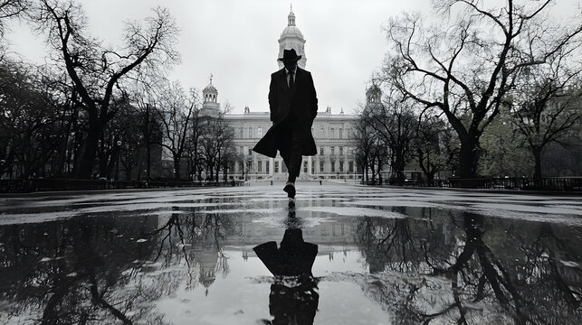 Fototapeta A Man Walking in the Rain in a City
