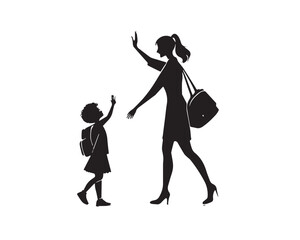 Obraz premium A silhouette vector of a mother waving goodbye to her child at school, sentimental and sweet.