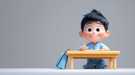 Cartoon boy studying at small table, school supplies, gray background