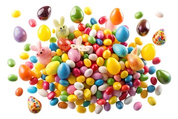 Obraz premium Colorful Easter eggs and candies on a white background with various vibrant colors like yellow, blue, green, pink, and orange
