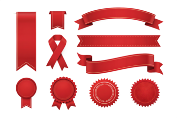 Red Ribbon and Badge Collection - Decorative Banners, Award Medals, and Awareness Symbols - High-Quality PNG for Design Projects