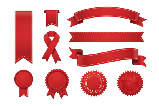 Red Ribbon and Badge Collection - Decorative Banners, Award Medals, and Awareness Symbols - High-Quality PNG for Design Projects