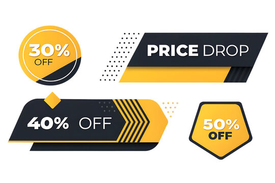Modern Black and Yellow Price Drop PNG with Bold 30%, 40%, 50% Off Discounts - Perfect for Retail Promotions, Marketing, and Sales Campaigns