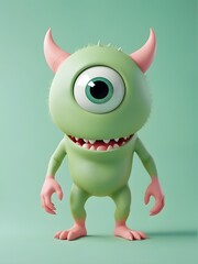 Fototapeta premium A cute. cartoonish green monster with large eyes and small horns. standing in a plain light green background