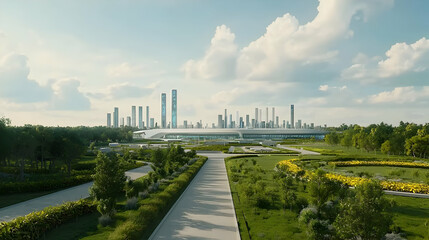 Obraz premium Futuristic Cityscape With Green Parkland