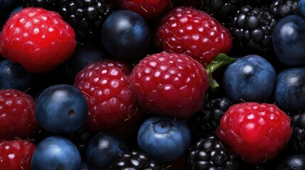 Colorful assortment of fresh berries.  A close-up view of mixed berries, including raspberries, blueberries, and blackberries.  Vibrant colors and textures