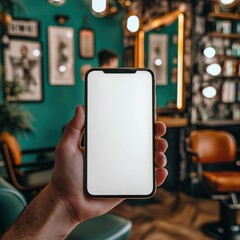 Hand holding smartphone with blank screen in modern teal-toned salon, symbolizing digital style and connectivity. Perfect for app demos, retail marketing, and grooming service ads.