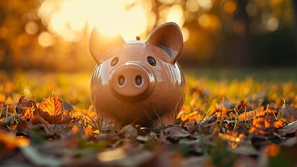 Piggy bank nestled amidst autumn leaves capturing the essence of financial planning