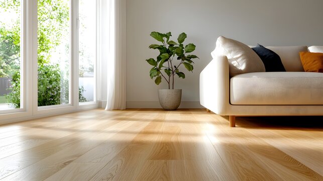 A well lit living room with a comfortable sofa simple furniture and a potted plant adding a touch of nature and greenery to the contemporary minimalist interior design