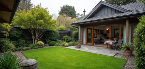 Suburban backyard garden in Auckland New Zealand. Green grass, trees, path, house. Leisure area, peaceful place. Home exterior, exterior design, garden design, landscape design. Relax, enjoy nature,