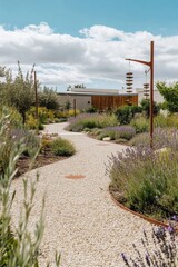 Obraz premium Winding pathway through a beautifully designed garden featuring lavender and artistic structures under a blue sky with clouds