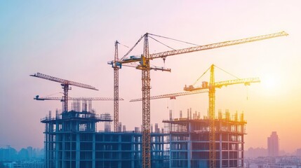 Construction cranes at sunset over a skyscraper under construction. Possible use Stock photo for construction, architecture, engineering, or real estate
