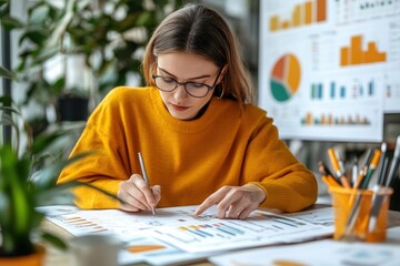 Woman analyzing colorful data visualizations in a modern office setting during the day