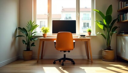 Empty chair at desk facing computer, sunlit room, computer, office