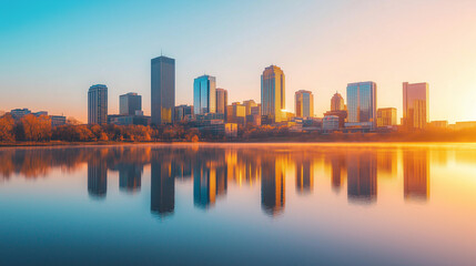 Fototapeta premium Sunrise city skyline water reflection