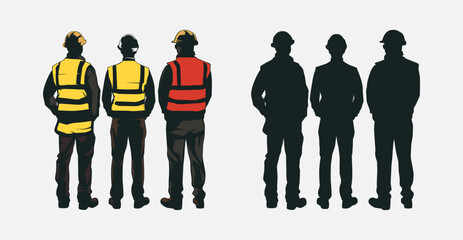 Vector illustration of construction workers in safety vests and helmets, viewed from behind. Silhouettes and detailed figures represent teamwork, safety, and industrial work environments