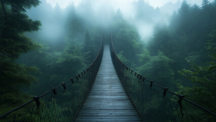Mysterious forest bridge surrounded by fog and lush greenery in morning light