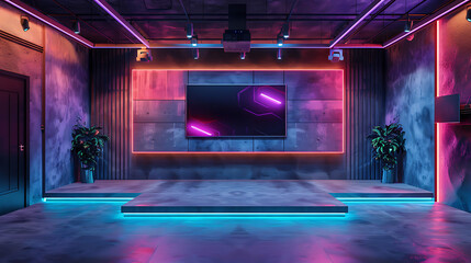A 3D-rendered TV studio with a wall-mounted TV serves as an ideal backdrop for TV shows, news broadcasts, and green screen or chroma key video and photo