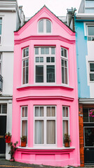 Obraz premium Pink house on a hillside street, colorful buildings background, tourist destination, real estate