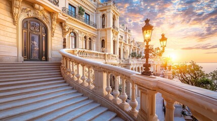 Fototapeta premium Grand staircase, luxury mansion, sunrise view, coastal location