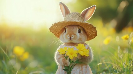 Fototapeta premium A sweet Easter bunny in a straw hat beams, clutching yellow blooms in a sunny meadow. 