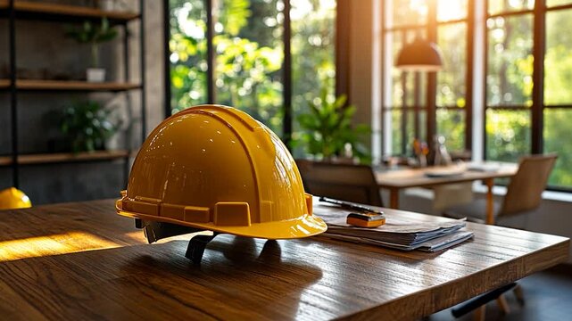 Yellow hard hat on wooden table in bright office with greenery outside