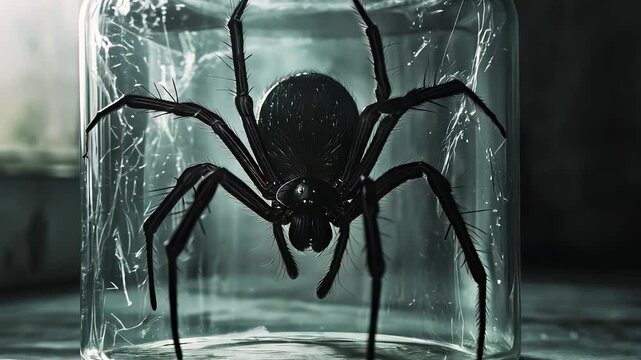 Spider in jar. Dark jar with glass background. Tarantulas and spiders on a table in a room. A spider inside lifestyle a container.