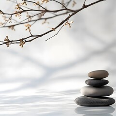 Serene Stacked Stones with Blooming Branch Minimalist Zen Image