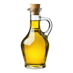 Golden liquid in clear glass bottle with handle topped with cork isolated on png transparent background