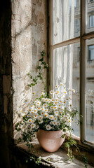 Daisies in pot on windowsill, sunlight, old building, peaceful scene, home decor