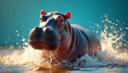 Fototapeta premium Hippopotamus Entering Water Splashing Wildlife Scene