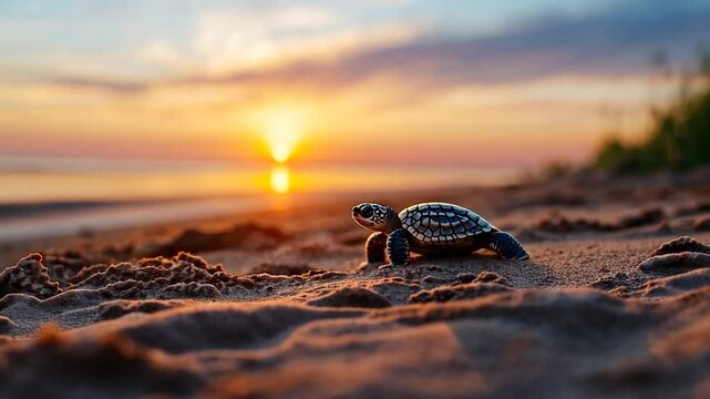 Baby sea turtle making its way across sandy beach at sunset
