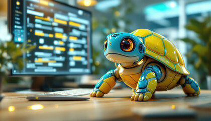 A cartoon turtle robot is near a computer screen and keyboard