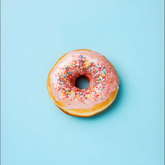Pink glazed donut with sprinkles on light blue background; food photography for blogs, websites, or recipe books