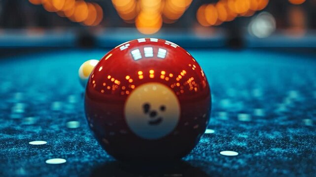 Close-up of a red billiard ball on a vibrant blue table with blurred lights