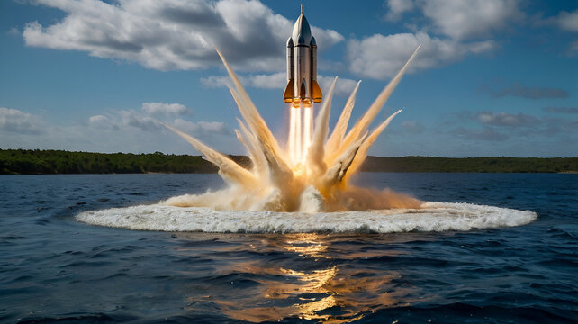 "Surreal conceptual image of a silver rocket ship launching from the middle of a calm ocean"