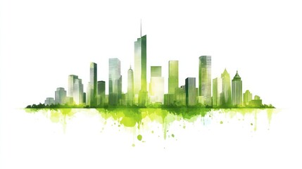 Fototapeta premium Abstract cityscape skyline, green watercolor, urban landscape, background image, for presentation, poster, environmental concept