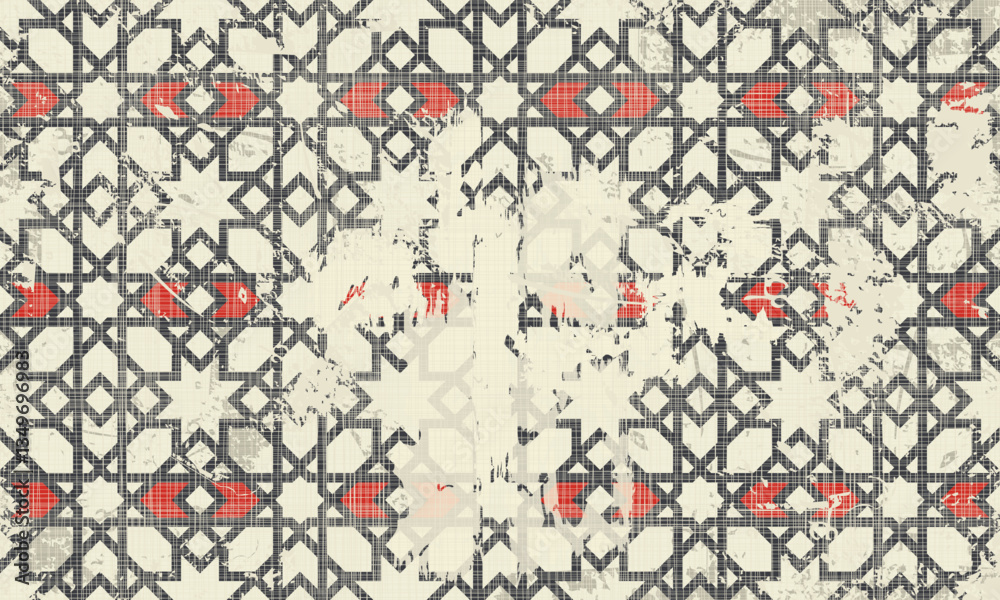 Poster Abstract geometric seamless pattern with an effect of attrition in retro color. Vector shabby geometric carpet. Vintage background for ceramic tile, wallpaper, linoleum, textile, rug, web page
