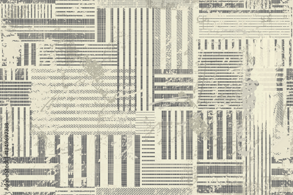 Poster Abstract geometric seamless pattern with an effect of attrition in retro color. Vector shabby geometric carpet. Vintage background for ceramic tile, wallpaper, linoleum, textile, rug, web page
