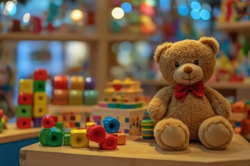 Adorable teddy bear with colorful building blocks and vibrant toys, creating a playful and inviting atmosphere in a children's playroom or daycare environment