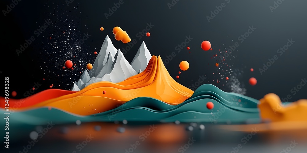 Poster captivating data driven abstract visualization depicting a fluid topographic landscape with dynamic 