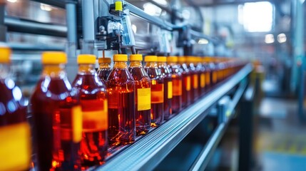 Fototapeta premium Bottles on Conveyor Belt in Beverage Factory