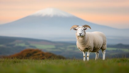 Fototapeta premium Majestic Ram with Mountain Pasture Sunset.